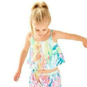 Lilly Pulitzer Girls Mini Franni Top Pom Pom Lace Printed Cotton S New 228856